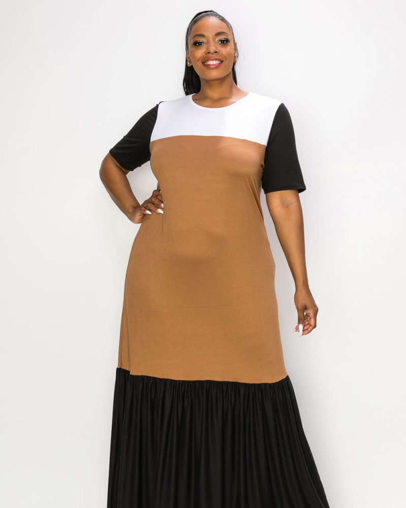 Front of a model wearing a size 1X Ami Colorblock Maxi Dress in Black/White/Chestnut by L I V D. | dia_product_style_image_id:240718